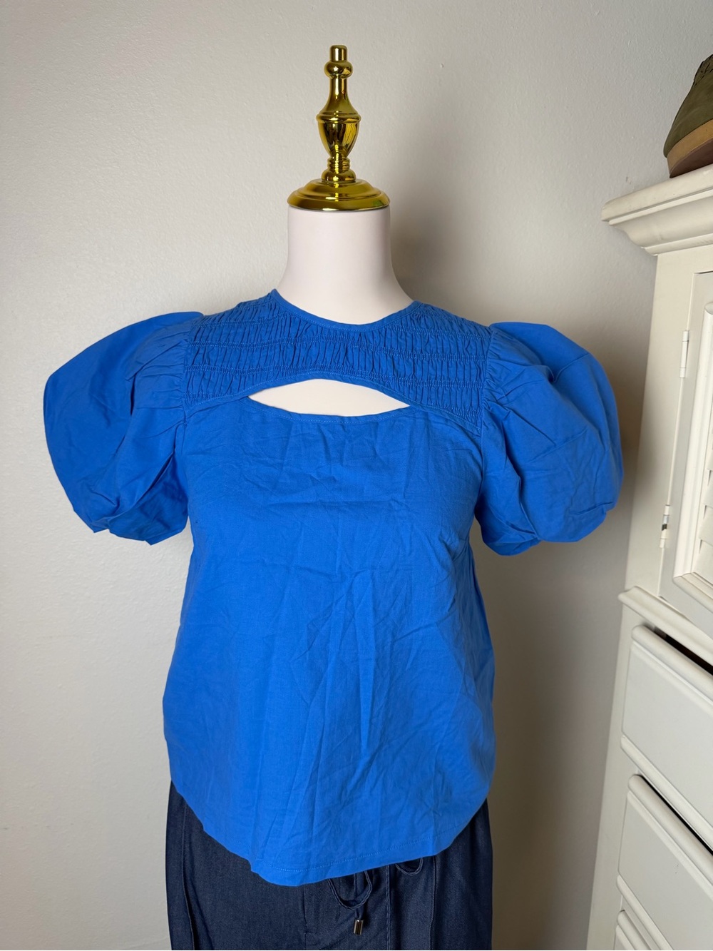 Women's Royal Blue Puff Sleeve Cutout Blouse